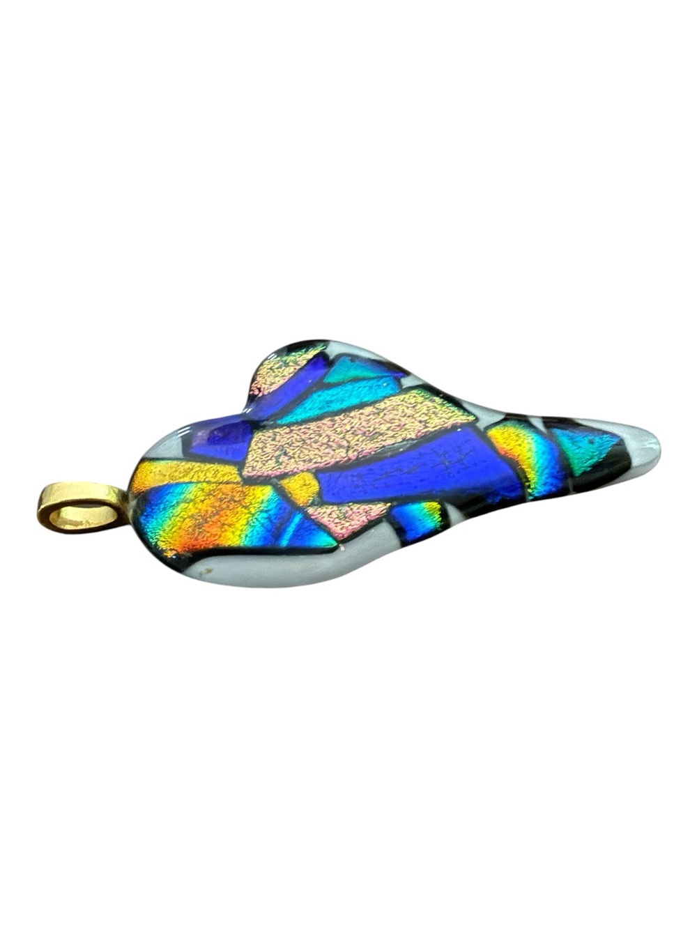 Vintage Dichroic Glass Asymmetrical Heart Pendant- Flat Back Art Glass Colorful - Picture 7 of 8